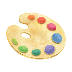 Wooden palette with paints. Watercolor drawing.