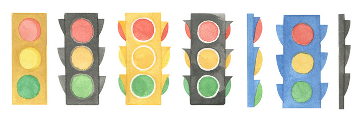 Traffic lights set. Watercolor drawing. Road signs. Traffic Laws.