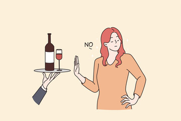 Healthy lifestyle and avoiding alcohol concept. Young Woman standing saying no to alcohol refusing of glass of wine with raised hand vector flat illustration - obrazy, fototapety, plakaty