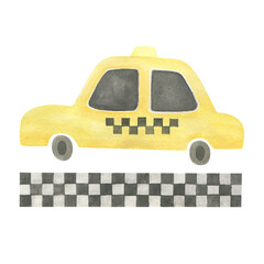 Child's drawing of a yellow taxi car. Watercolor. Vehicle.