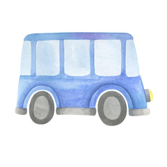 Child's drawing of a blue bus with large wheels. Vehicle. Watercolor.