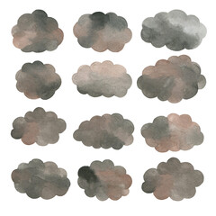 Set of clouds and clouds. Watercolor drawing.
