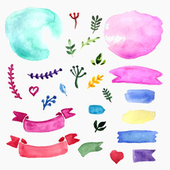 Vector set of watercolor hand drawn elements