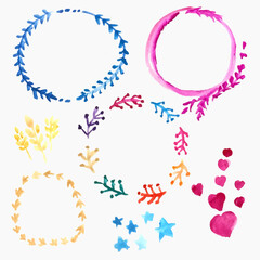 Vector set of watercolor floral frames and design elements. Hearts, stras and leaves.