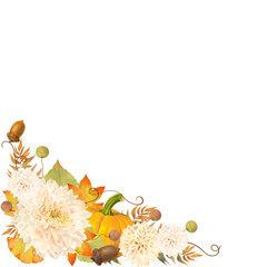 かぼちゃとどんぐりと花とつぼみがある秋の植物のレトロモダンなかわいい白バックフレームイラスト素材