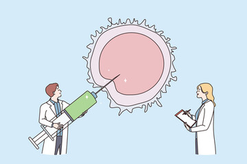 Reproductology and reproductive system health concept. Two doctors man and woman holding syringe and trying to reach out make artificial insemination vector illustration 