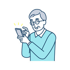 笑顔でスマートフォンを使っている高齢男性