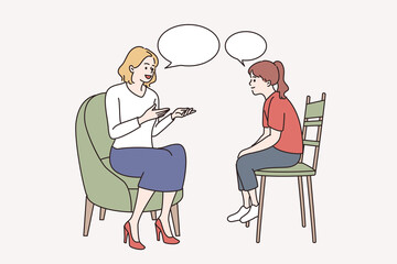 Education, development, communication with children concept. Young mother or teacher sitting talking to young small girl having conversation vector illustration 