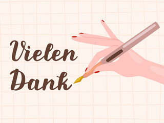 "Vielen Dank" hand-drawn vector lettering in German, in English means "Many thanks". German hand lettering. Female hand-writing lettering. Vector modern calligraphy art