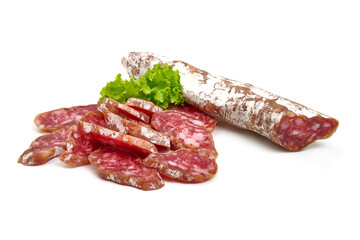 Dry cured fuet sausage, isolated on white background. High resolution image.