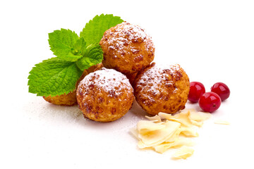 Doughnuts. Homemade curd balls with powdered sugar, isolated on white background. High resolution image.