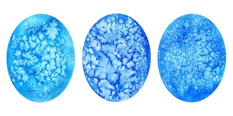 Watercolor illustration. A set of oval abstract paint spots with a texture of bright blue and pale blue.