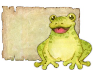Watercolor illustration. Funny cute frog is smiling. Invitation, notes, postcard with an empty space for the text
