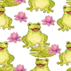 Watercolor illustration. Funny cute frogs are smiling in a pond with water lilies and lotuses. Seamless pattern for textiles, paper, scrapbooking