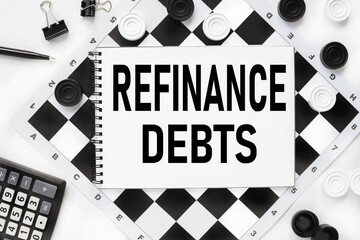 REFINANCE DEBT. notebook on a chessboard, checkers white and black