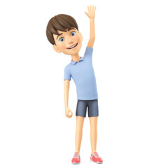 Cartoon character smiling boy in a blue shirt raised his hand. 3d render illustration.