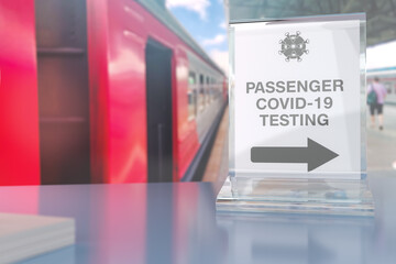 Template with a table plate with the inscription PASSENGER COVID-19 TESTING and arrow on the background of the train. 3D background on the theme of travel safety during a pandemic.