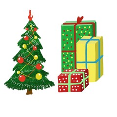 Set with the Christmas tree and presents illustration 