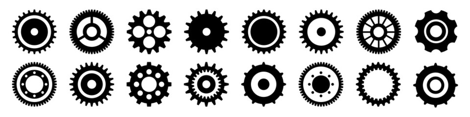 Simple gear icons. Wheels set on black background. Vector white cogwheels collection.  - obrazy, fototapety, plakaty