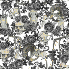 Seamless pattern. For textiles, for wrapping paper. Skulls and flowers. Halloween. Watercolor technique. hand-drawn. Gothic, gloomy