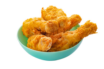 Fried chicken legs in a plate isolated on white background. Classic fast food.
