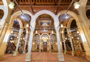 Interior of public historical Mamluk era Imam Al Shafii Mosque suited in Old Cairo, Egypt, with...