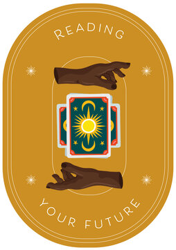 Vector Illustration Icon, Card, Banner. Ritualistic, Wicca, witch art with tarot cards and hands. 