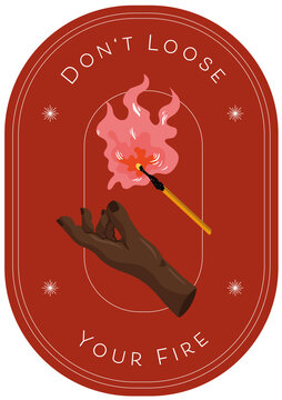 Vector Illustration Icon, Card, Banner. Ritualistic, Wicca, witch art with a lit match on fire and hands.