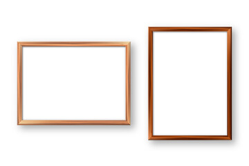 Obraz premium Realistic wooden picture frames with shadow isolated on white background. Blank poster mockup. Empty photo frame. Vector illustration.
