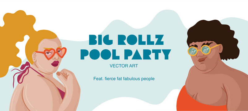 Vector Illustration. Sunset beach party, party poster mockup. Plus size beach body. Bikini body. Body Positivity.