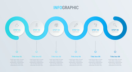 Blue timeline infographic design vector. 6 options, circle workflow layout. Vector infographic timeline template.
