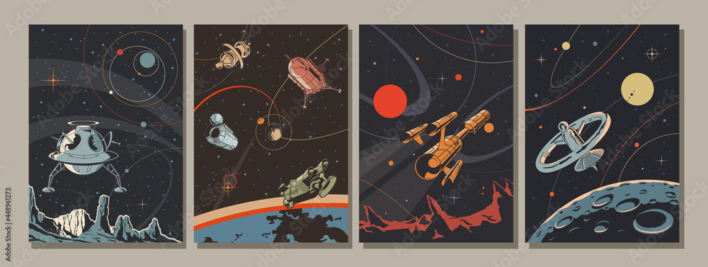 Wall mural retro future style space illustration set, spacecraft, rockets, orbital station, planets