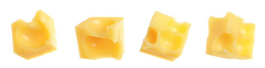 Pieces of delicious cheese on white background, collage. Banner design