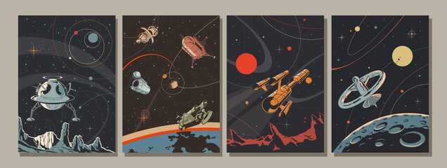 Retro Future Style Space Illustration Set, Spacecraft, Rockets, Orbital Station, Planets