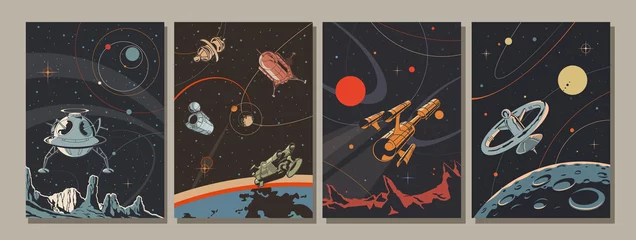 Schilderijen op glas Retro Toekomstige Stijl Ruimte Illustratie Set, Ruimtevaartuig, Raketten, Orbital Station, Planeten © koyash07
