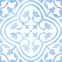 Blue mosaic tiles repeat pattern, Spanish tiles geometric pattern, mediterranean seamless paper  for wedding, home decor, textile, posters,  greeting cards, web site, ceramics