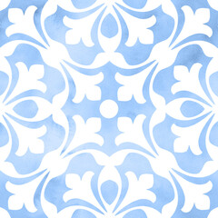 Fototapeta na wymiar Blue mosaic tiles repeat pattern, Spanish tiles geometric pattern, mediterranean seamless paper for wedding, home decor, textile, posters, greeting cards, web site, ceramics