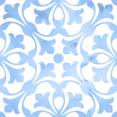 Blue mosaic tiles repeat pattern, Spanish tiles geometric pattern, mediterranean seamless paper  for wedding, home decor, textile, posters,  greeting cards, web site, ceramics - 448961496