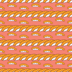 Sushi with cute character seamless pattern, Vector-Illustration graphic, Salmon Sushi Japanese Food with bright background.