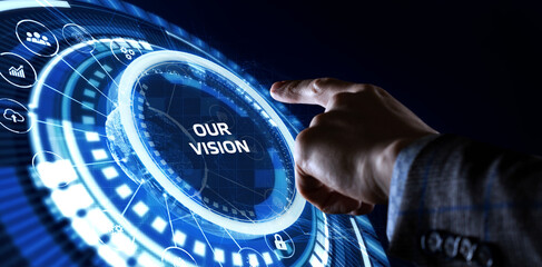 Business, Technology, Internet and network concept. Young businessman working on a virtual screen of the future and sees the inscription: Our vision © photon_photo