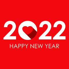 Banner con frase Happy New Year 2022 con corazón con sombra en fondo rojo