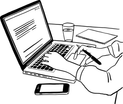 recommend clip art: People typing on Laptop computer Office table with smartphone and coffee cup Business Hand drawn line art illustration