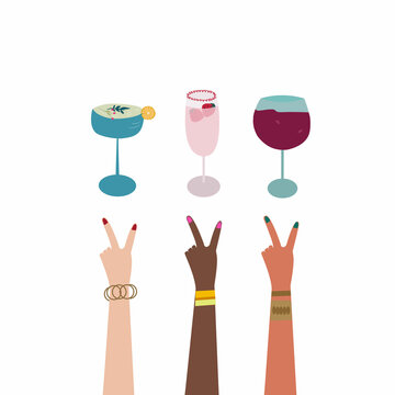 Three different alcoholic drinks like martini, champagne and wine and three female hands. The concept of relaxation in a bar, female friendship and alcohol. Vector illustration 