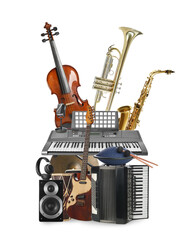 Group of different musical instruments on white background