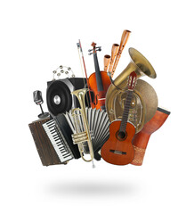 Group of different musical instruments on white background