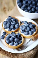 Blueberry tartlets on a plate. Healthy berry dessert. Summer cooking.