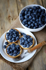 Blueberry tartlets on a plate. Healthy berry dessert. Summer cooking.