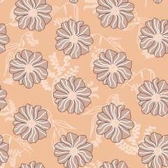 Fototapeta premium Abstract Hand Drawing Dahlia Flowers Leaves and Branches Seamless Vector Pattern Isolated Background