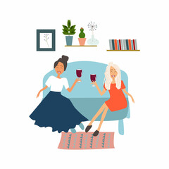 Two young girls are sitting on the couch and drinking wine. Vector illustration. Funny colored typography poster, apparel print design, bar menu decoration