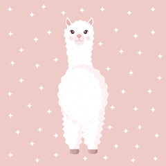 Cute llama or alpaca on a pink background with stars. Vector illustration for baby texture, textile, fabric, poster, greeting card, decor.